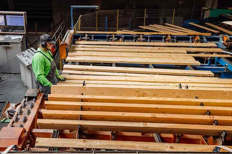 Mitarbeiter an der Sortieranlage im Sägewerk