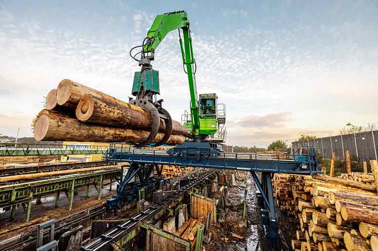 Round timber crane in action